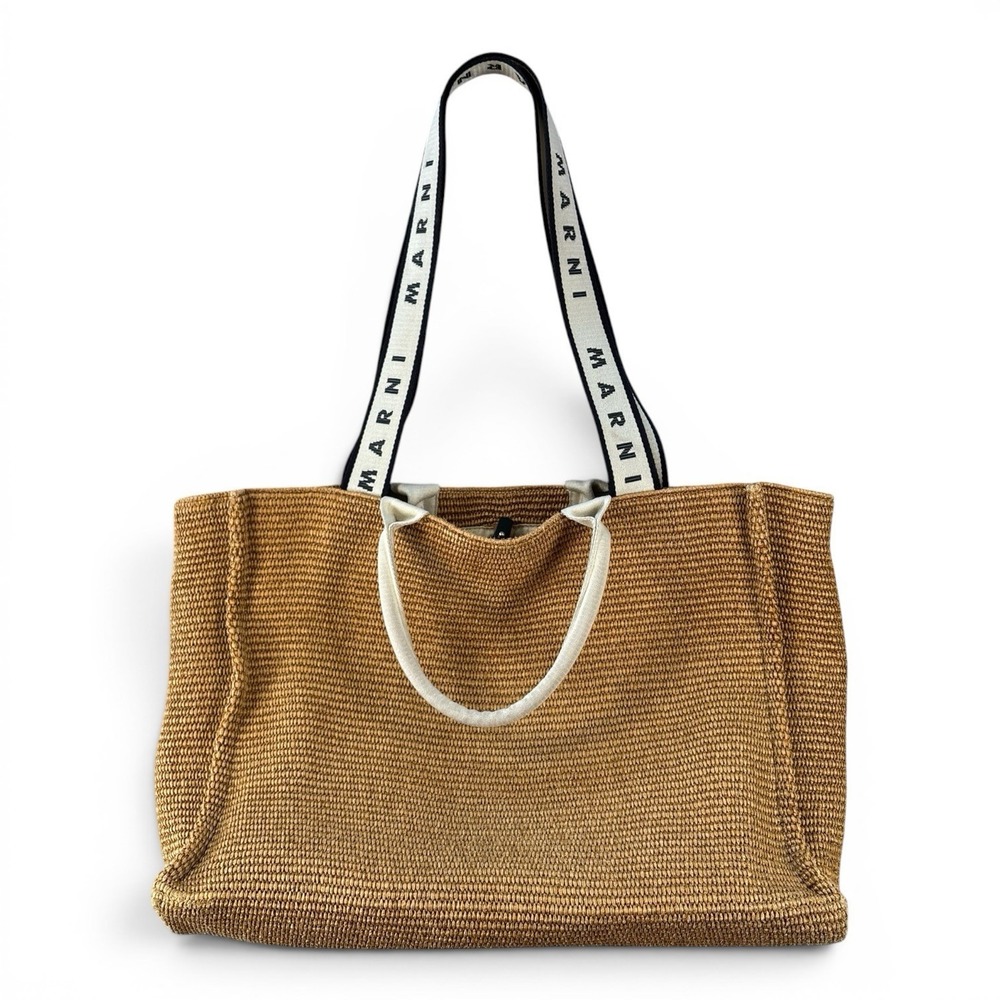 Marni Woven Raffia Tote Bag 18x13x8 Logo Shoulder Straps